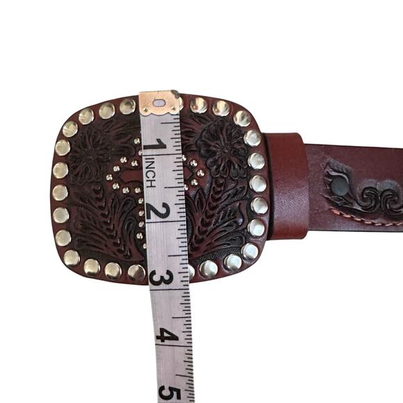 VTG Tooled Leather Belt Western Boho Cross Buckle Studded Brown Sz 34 main image 13